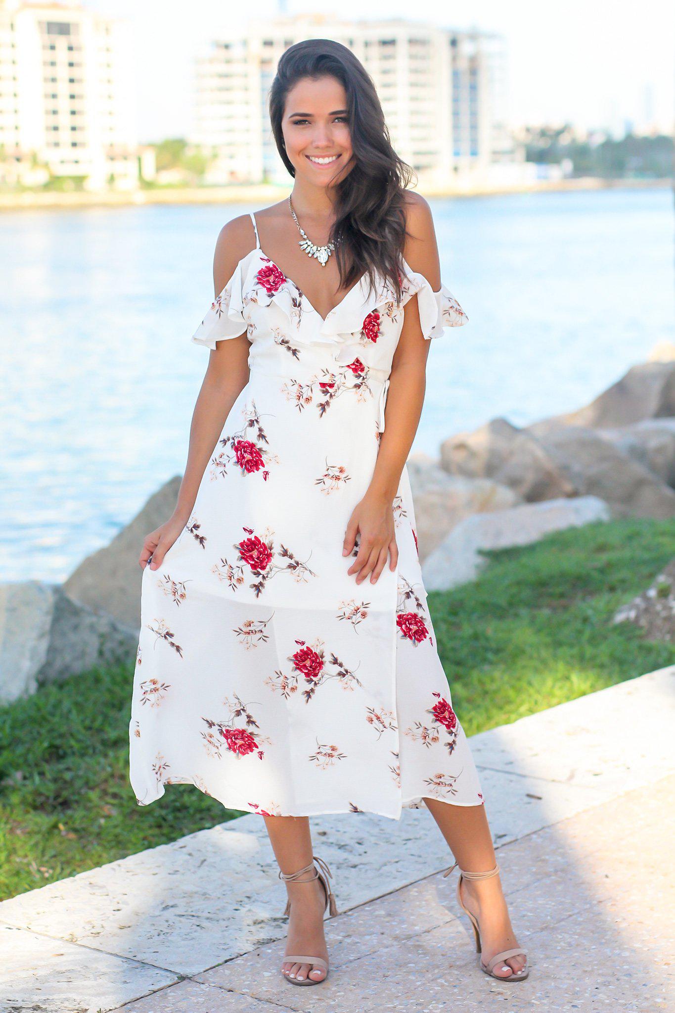 Off White Floral Wrap Dress | Cute ...